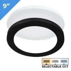 TCP 9" LED Slim Flush Mount Fixture - Matte Black Trim Ring - 18W - Selectable CCT - Dimmable - Up To 1,370 Lumens