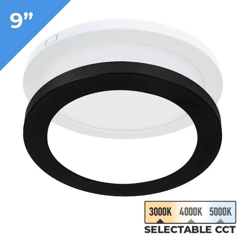 TCP 9" LED Slim Flush Mount Fixture - Matte Black Trim Ring - 18W - Selectable CCT - Dimmable - Up To 1,370 Lumens