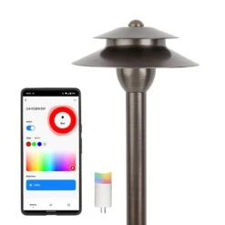 Solid Brass Landscape Path Light - 6" Two-Tier Cone Shade - Drop-In Fixture With G4 Smart Bulb - RGB + White - Alexa / Google Assistant