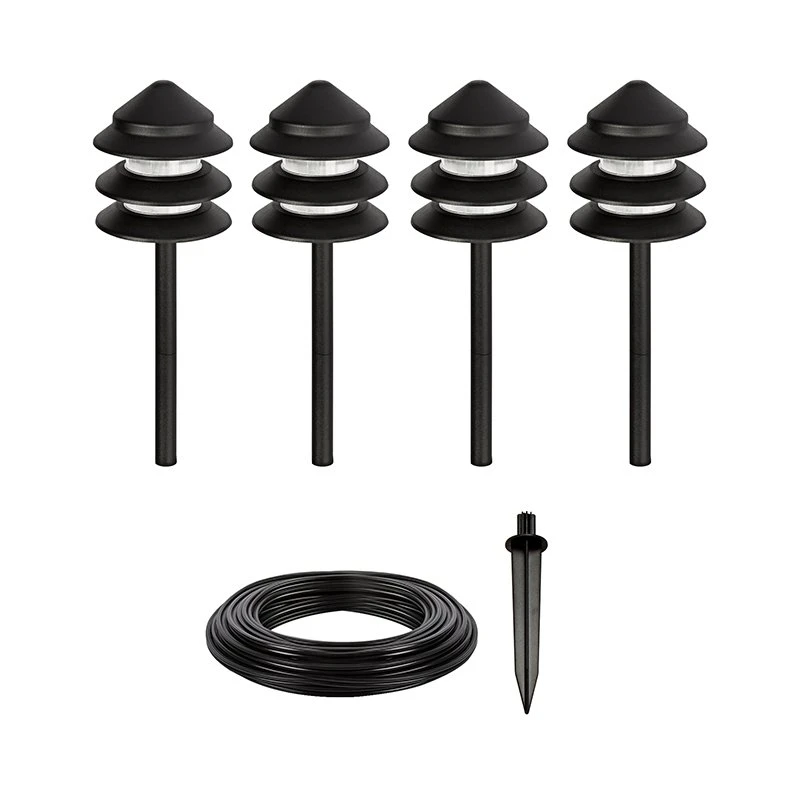 LED Landscape Lighting Expansion Kit - 4 Triple Tier Pagoda Path Lights - Warm White