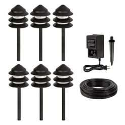 LED Landscape Lighting Kit - 6 Triple Tier Pagoda Path Lights - Low Voltage Transformer - Warm White