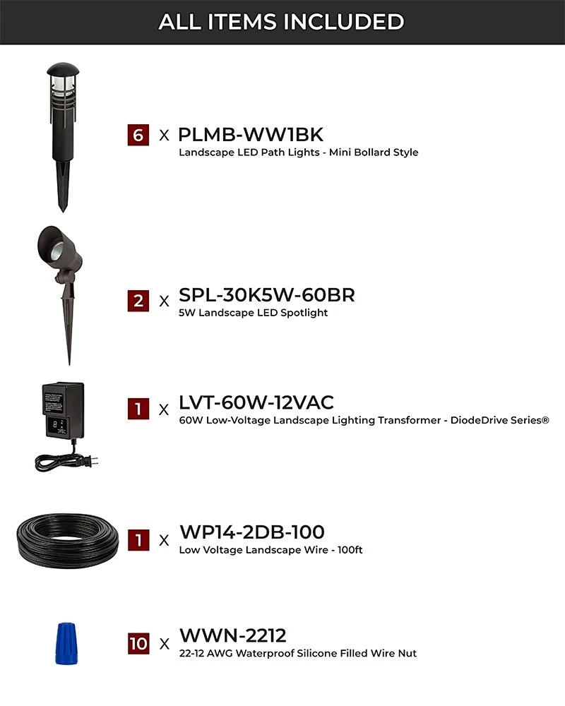 LED Landscape Lighting Kit - 6 Mini Bollard Path Lights - 2 Spotlights - Low Voltage Transformer - Warm White - Image 5