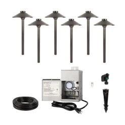 LED Landscape Lighting Kit - 6 Brass Cone Shade Path Lights With RGBW G4 LED Smart Bulbs - Low Voltage Transformer