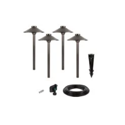 LED Landscape Lighting Expansion Kit - 4 Brass Cone Shade Path Lights With Cool White G4 LED Bulbs