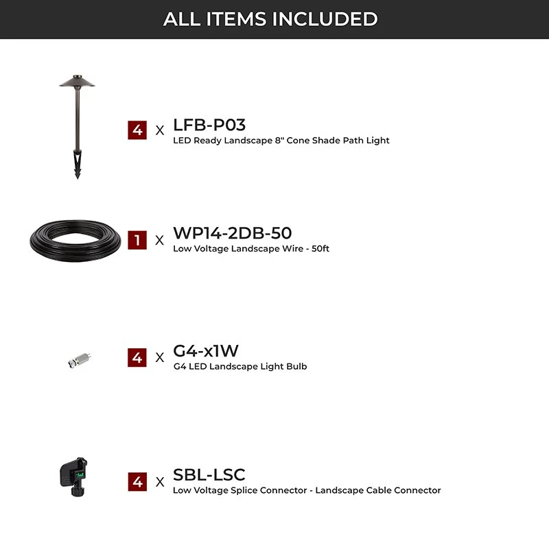 LED Landscape Lighting Expansion Kit - 4 Brass Cone Shade Path Lights With Cool White G4 LED Bulbs - Image 2