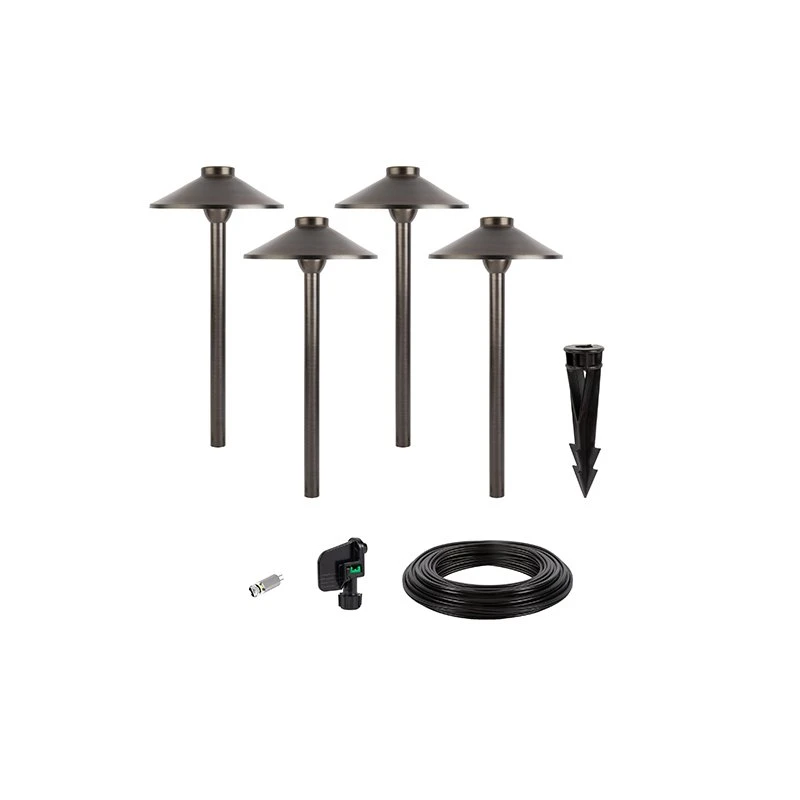 LED Landscape Lighting Expansion Kit - 4 Brass Cone Shade Path Lights With Cool White G4 LED Bulbs