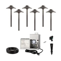 LED Landscape Lighting Kit - 6 Brass Cone Shade Path Lights With White G4 LED Bulbs - Low Voltage Transformer