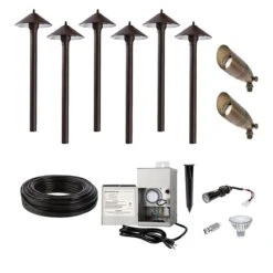 LED Landscape Lighting Kit - 6 Cone Shade Path Lights - 2 Spotlights - Stainless Steel Transformer