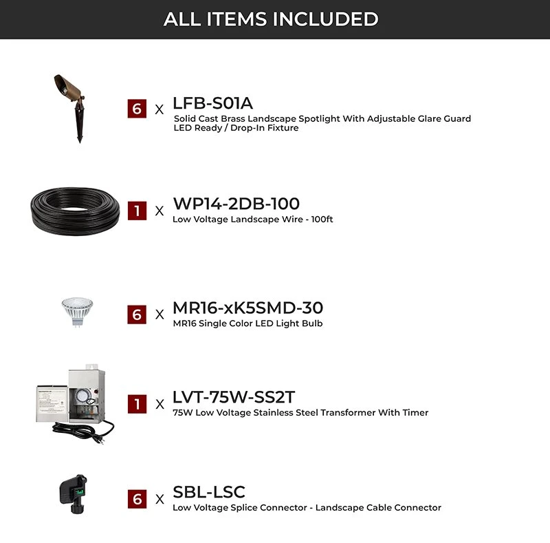 LED Landscape Lighting Kit - 6 Brass Landscape Spotlights With White MR16 LED Bulbs - Low Voltage Transformer - Image 2