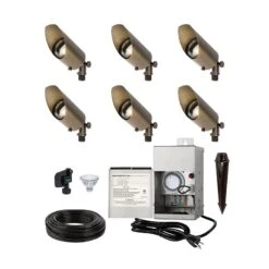 LED Landscape Lighting Kit - 6 Brass Landscape Spotlights With White MR16 LED Bulbs - Low Voltage Transformer