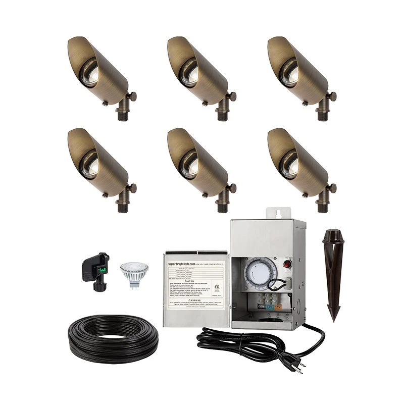 LED Landscape Lighting Kit - 6 Brass Landscape Spotlights With White MR16 LED Bulbs - Low Voltage Transformer