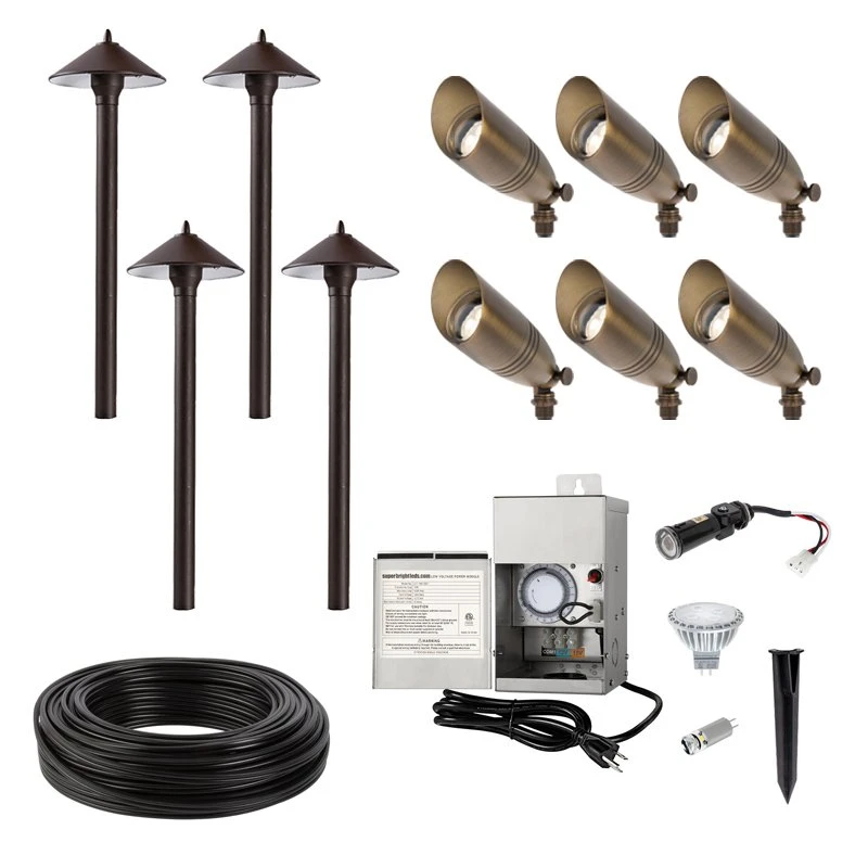 LED Landscape Lighting Kit - 6 Spotlights - 4 Cone Shade Path Lights - Stainless Steel Transformer - Natural White