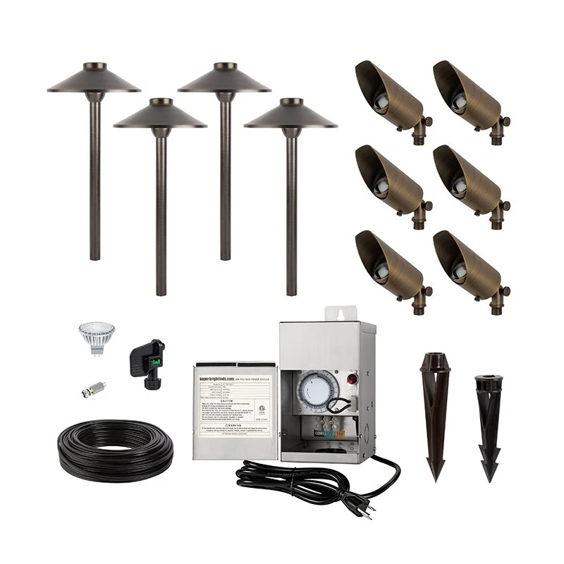 LED Landscape Lighting Kit - 4 Cone Shade Path Lights - 6 Spotlights - Stainless Steel Transformer - 4000K